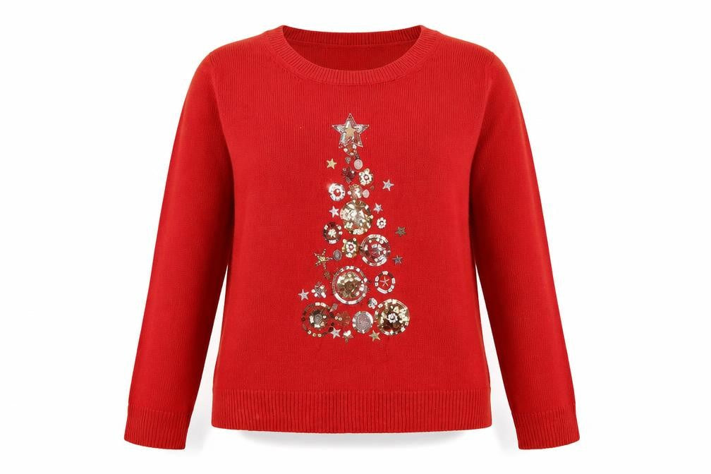 Marks & Spencer Women Red M Christmas Sequin Tree Raglan Jumper