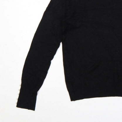 Zara Women Black L Crew Neck Pearl Cuff Knit Pullover Jumper