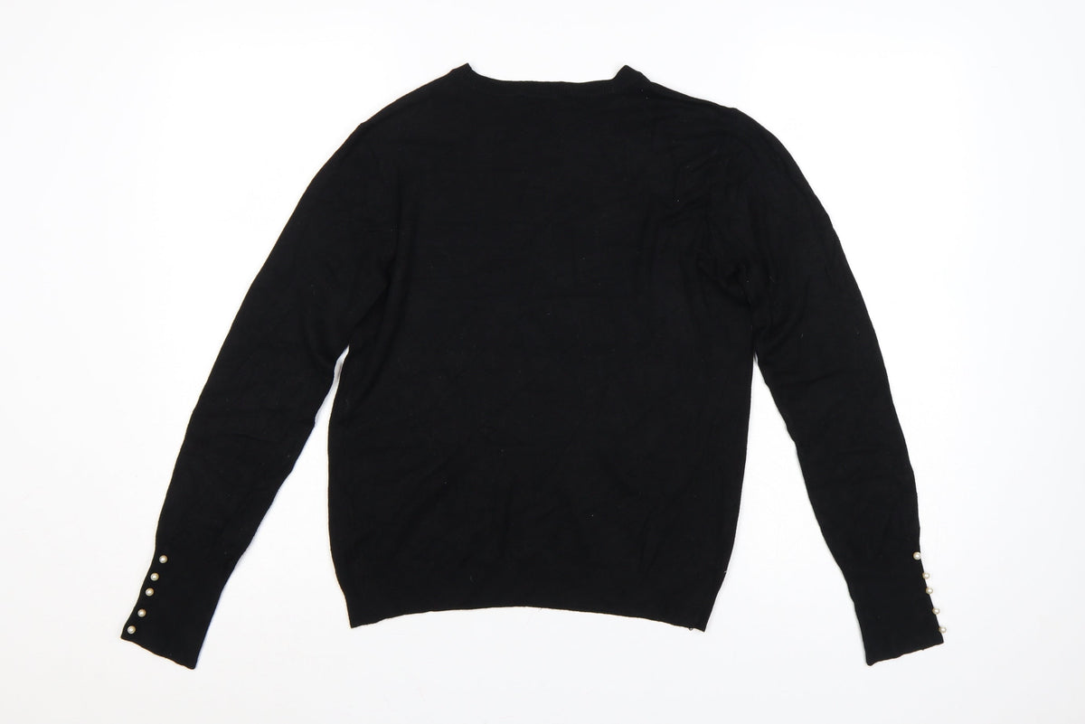 Zara Women Black L Crew Neck Pearl Cuff Knit Pullover Jumper