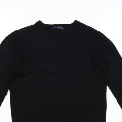 Zara Women Black L Crew Neck Pearl Cuff Knit Pullover Jumper