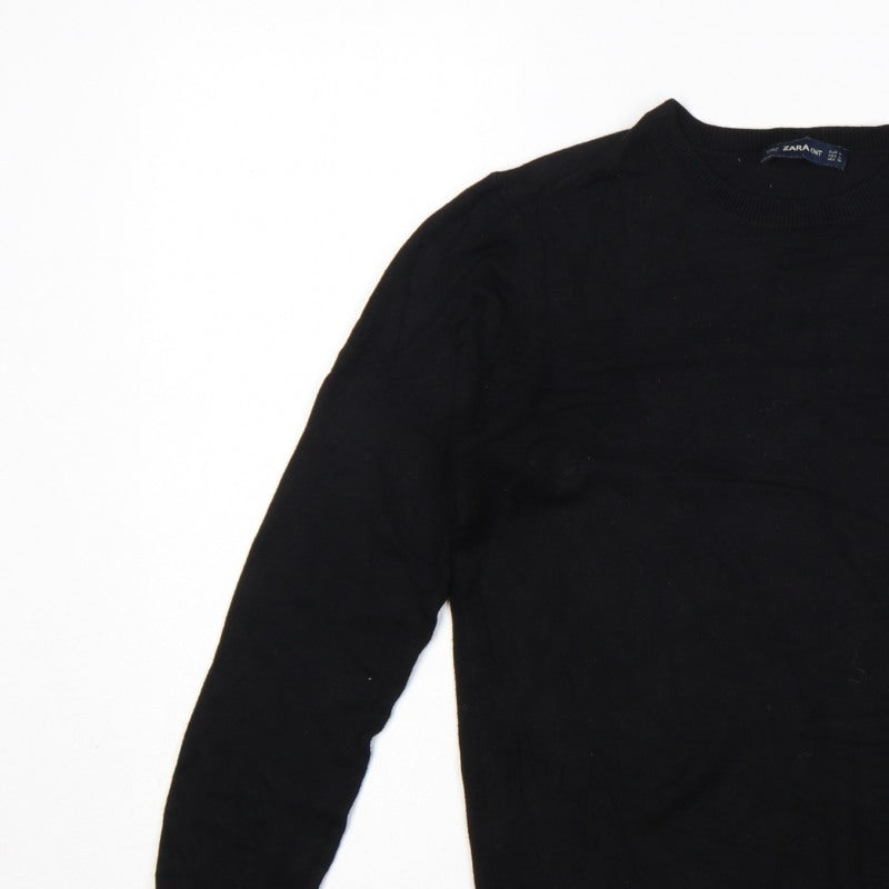 Zara Women Black L Crew Neck Pearl Cuff Knit Pullover Jumper