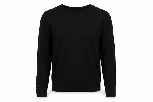 Zara Women Black L Crew Neck Pearl Cuff Knit Pullover Jumper