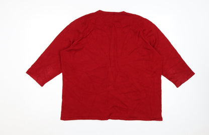 Bonmarché Women Red L Button 3/4 Sleeve Geometric Knit Cardigan