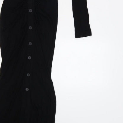 Stradivarius Women Black S Long Knit Collared Button Maxi Jumper Dress