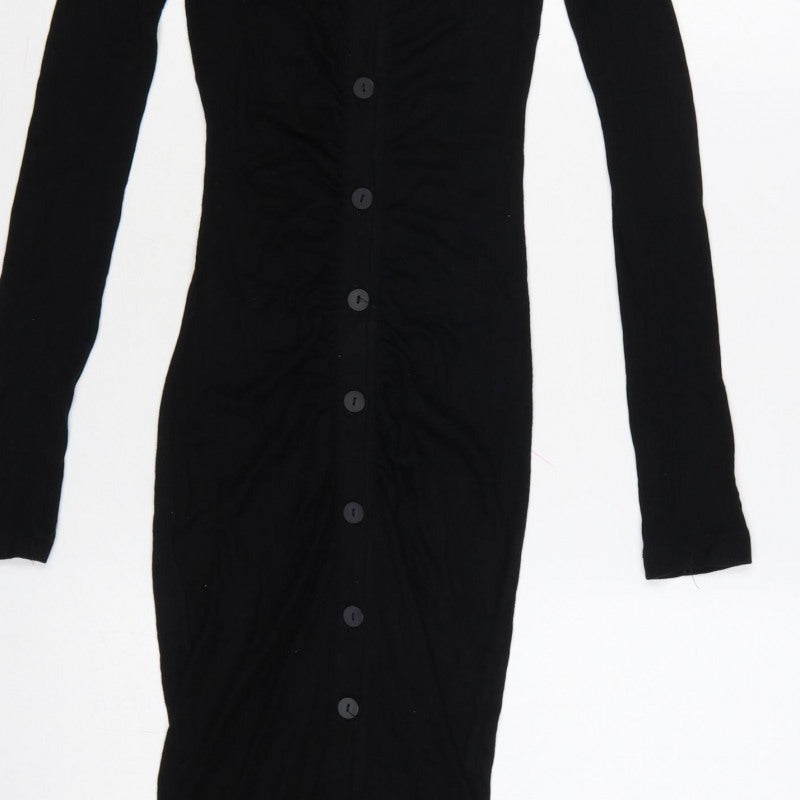 Stradivarius Women Black S Long Knit Collared Button Maxi Jumper Dress