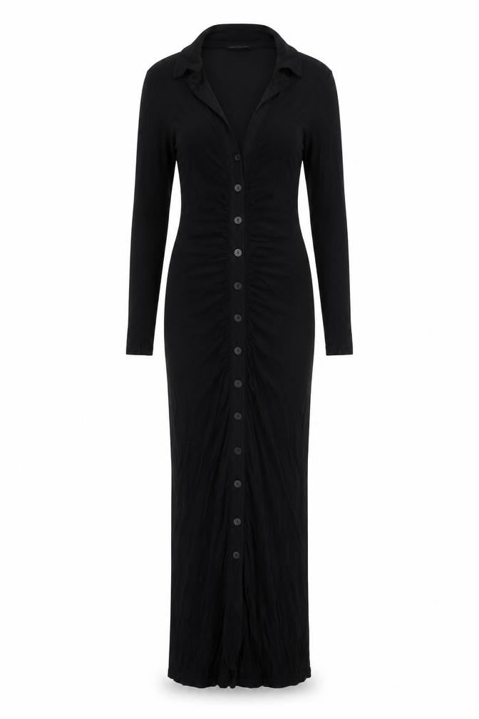 Stradivarius Women Black S Long Knit Collared Button Maxi Jumper Dress