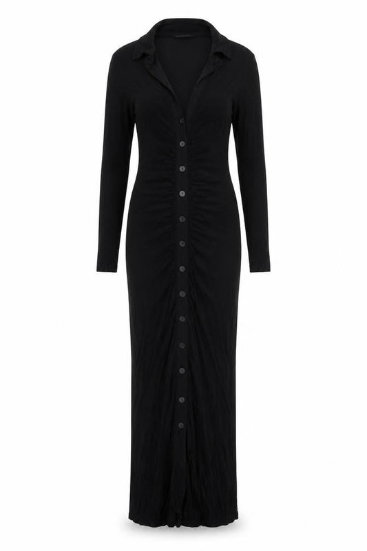 Stradivarius Women Black S Long Knit Collared Button Maxi Jumper Dress