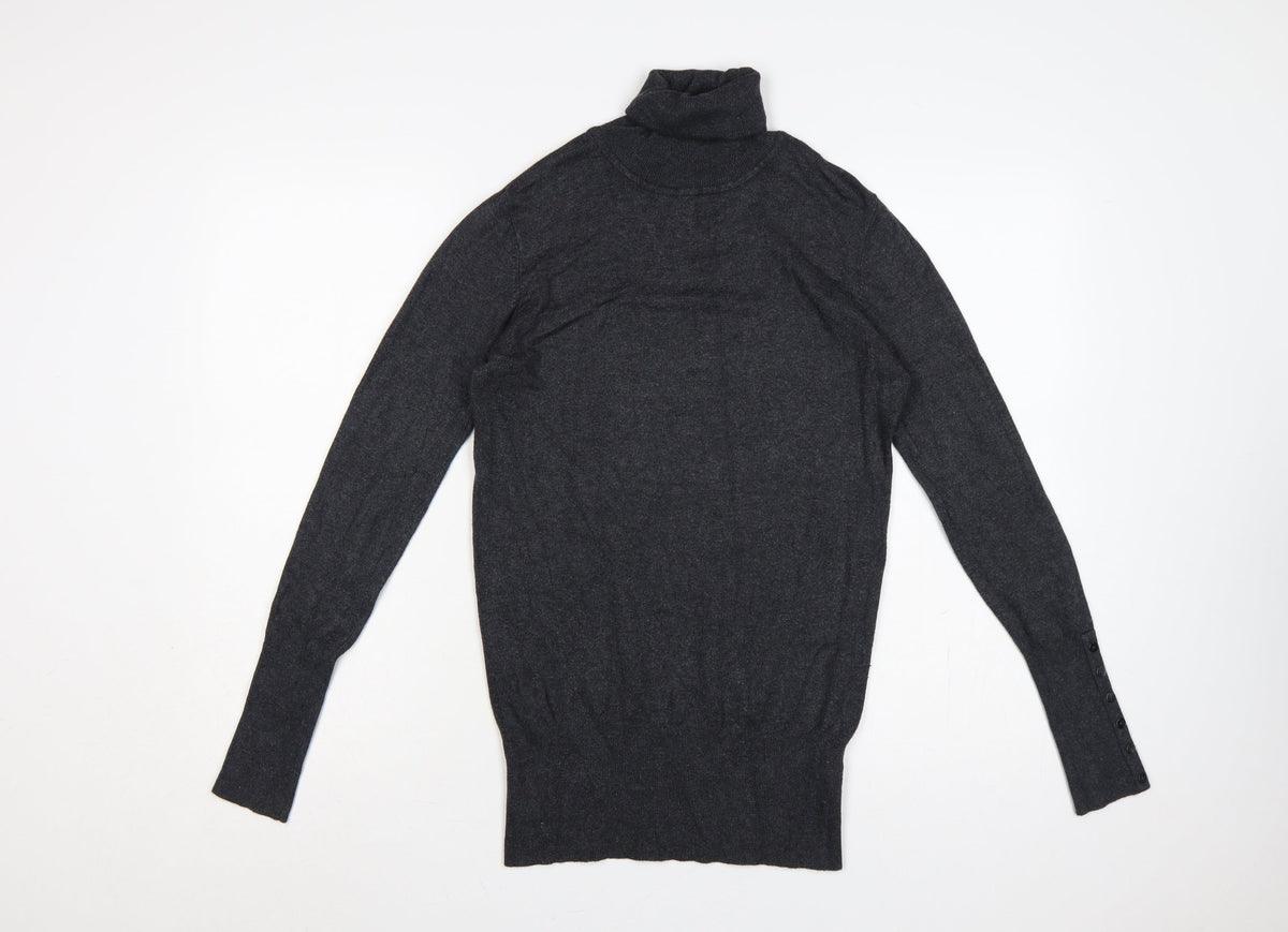 Zara Women Grey M Roll Neck Knit Pullover Button Cuffs