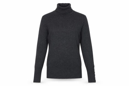 Zara Women Grey M Roll Neck Knit Pullover Button Cuffs