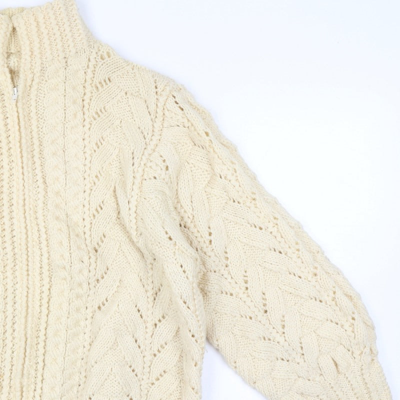 Women's Vintage Handmade Estimated XXL Ivory Cable Knit 1/4 Zip Roll Neck Jumper