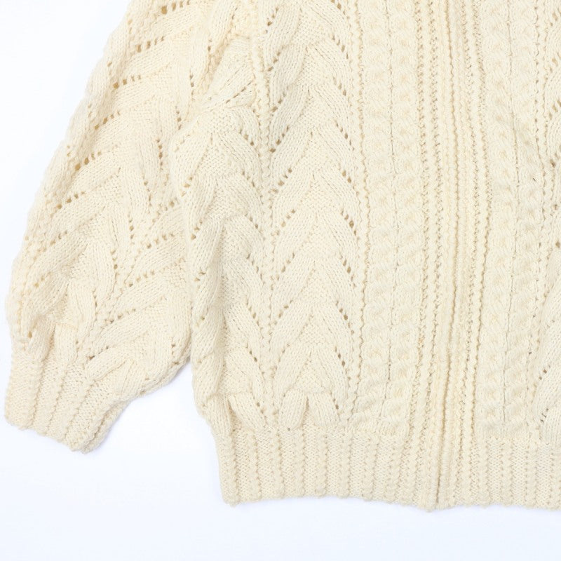 Women's Vintage Handmade Estimated XXL Ivory Cable Knit 1/4 Zip Roll Neck Jumper