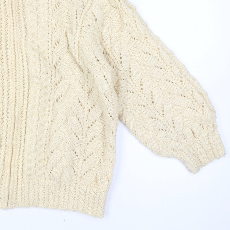 Women's Vintage Handmade Estimated XXL Ivory Cable Knit 1/4 Zip Roll Neck Jumper