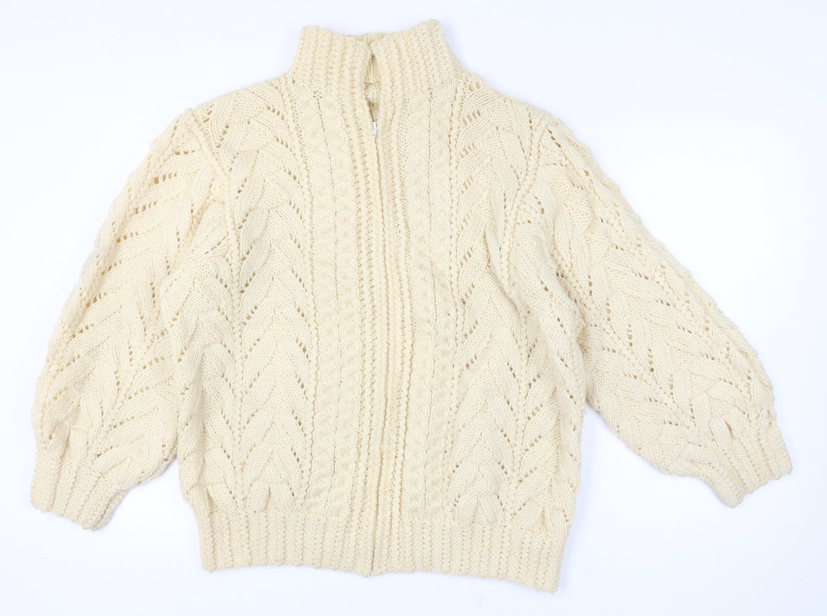 Women's Vintage Handmade Estimated XXL Ivory Cable Knit 1/4 Zip Roll Neck Jumper