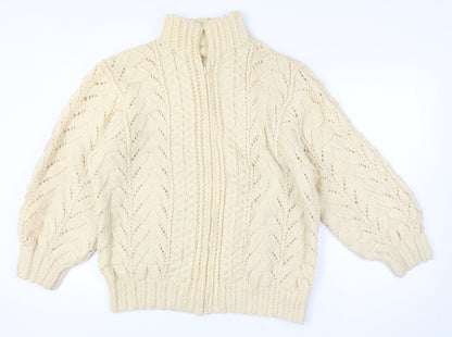 Women's Vintage Handmade Estimated XXL Ivory Cable Knit 1/4 Zip Roll Neck Jumper