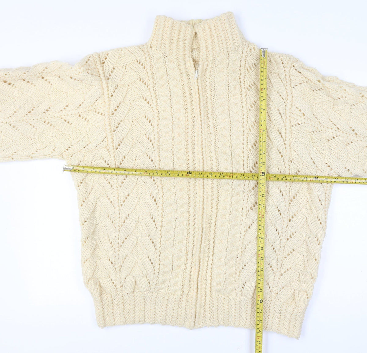 Women's Vintage Handmade Estimated XXL Ivory Cable Knit 1/4 Zip Roll Neck Jumper