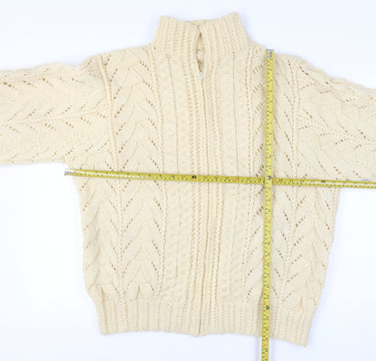 Women's Vintage Handmade Estimated XXL Ivory Cable Knit 1/4 Zip Roll Neck Jumper
