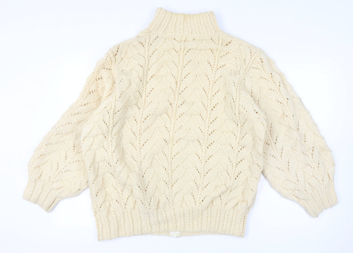 Women's Vintage Handmade Estimated XXL Ivory Cable Knit 1/4 Zip Roll Neck Jumper