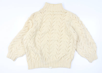 Women's Vintage Handmade Estimated XXL Ivory Cable Knit 1/4 Zip Roll Neck Jumper
