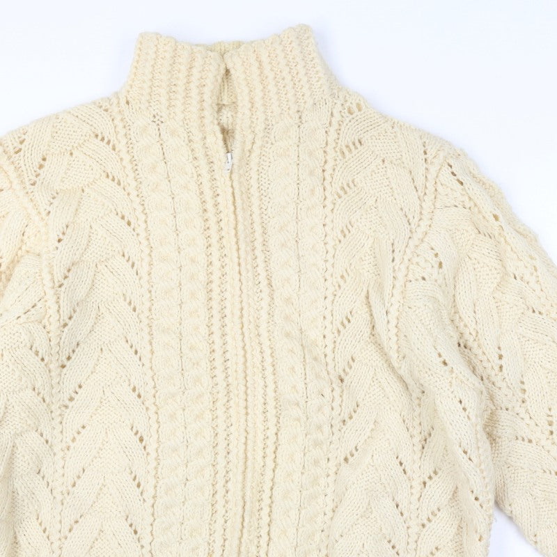 Women's Vintage Handmade Estimated XXL Ivory Cable Knit 1/4 Zip Roll Neck Jumper