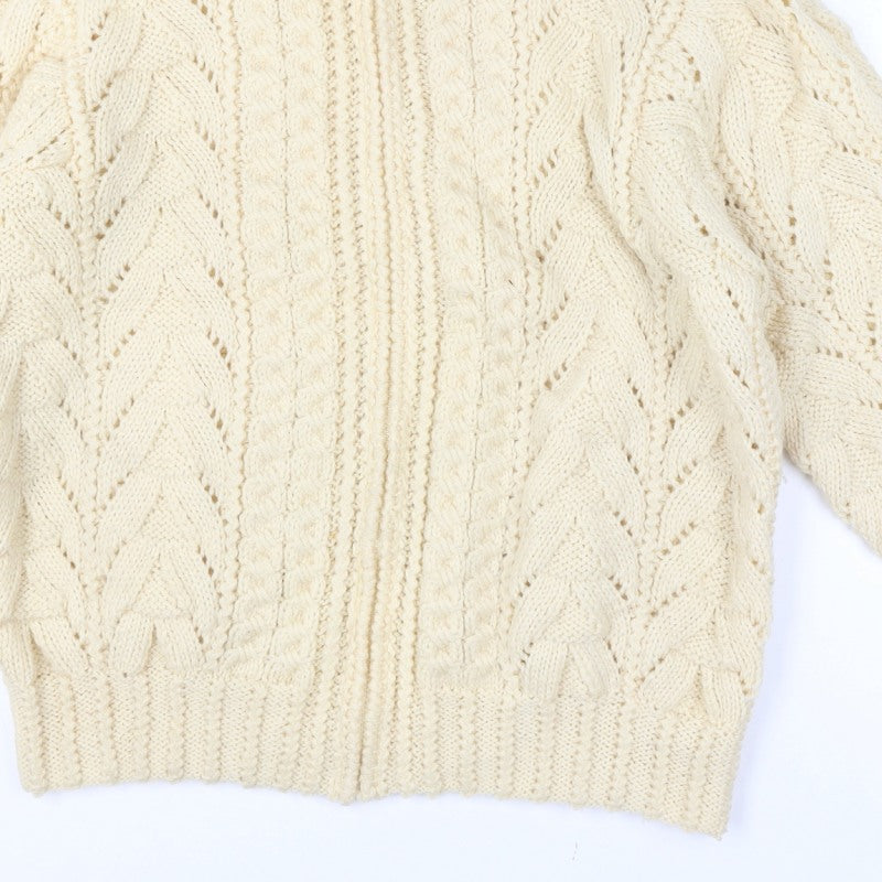 Women's Vintage Handmade Estimated XXL Ivory Cable Knit 1/4 Zip Roll Neck Jumper