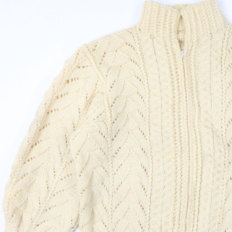 Women's Vintage Handmade Estimated XXL Ivory Cable Knit 1/4 Zip Roll Neck Jumper