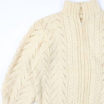 Women's Vintage Handmade Estimated XXL Ivory Cable Knit 1/4 Zip Roll Neck Jumper