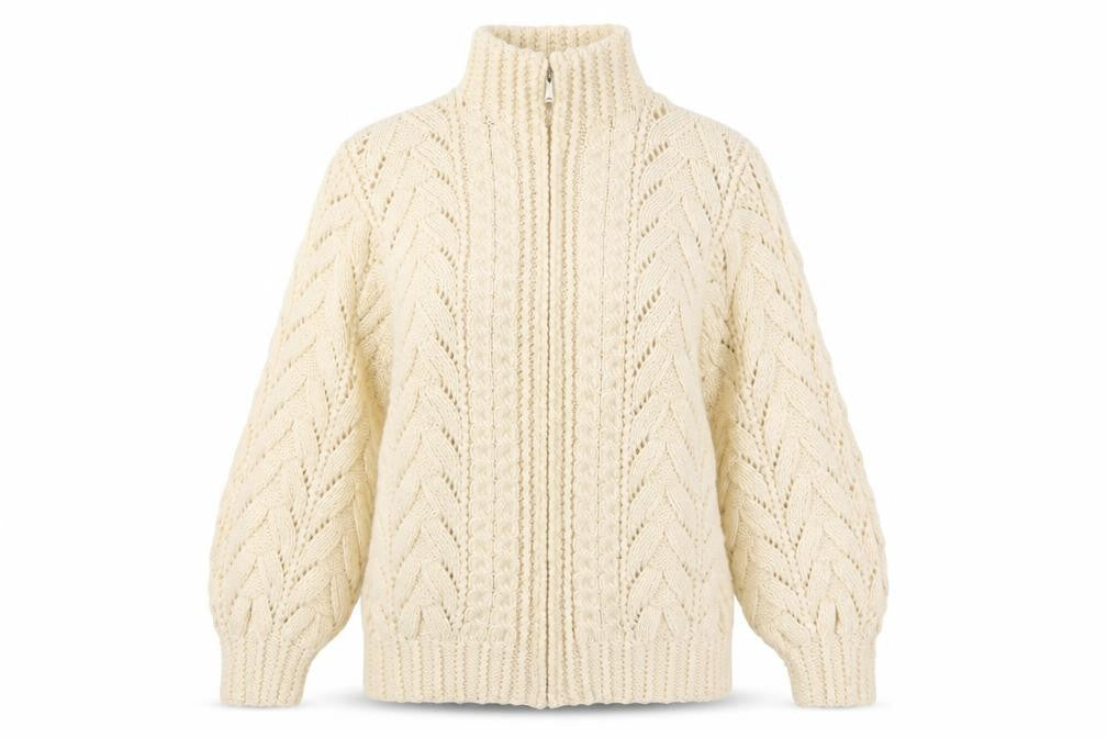 Women's Vintage Handmade Estimated XXL Ivory Cable Knit 1/4 Zip Roll Neck Jumper