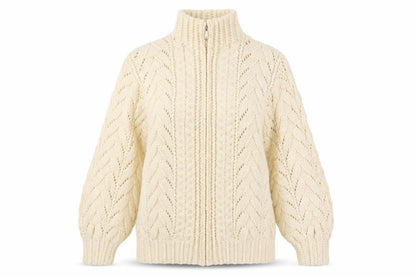 Women's Vintage Handmade Estimated XXL Ivory Cable Knit 1/4 Zip Roll Neck Jumper