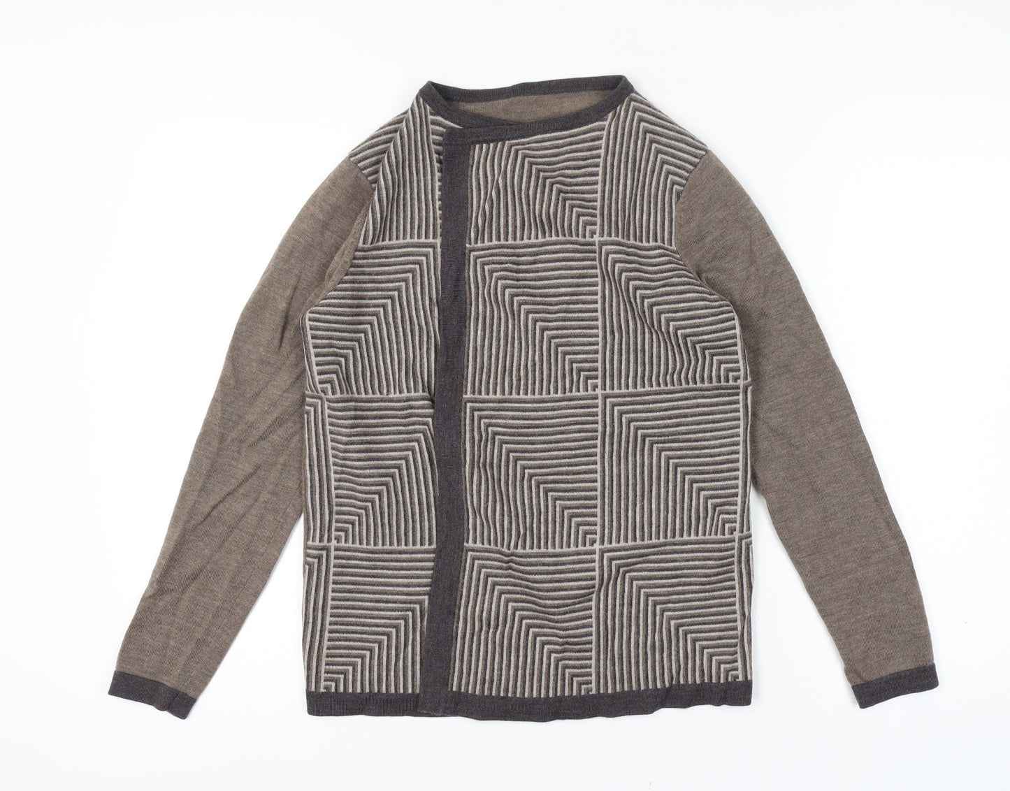 Viyella Women Small Brown 100% Merino Wool Geometric Open Cardigan