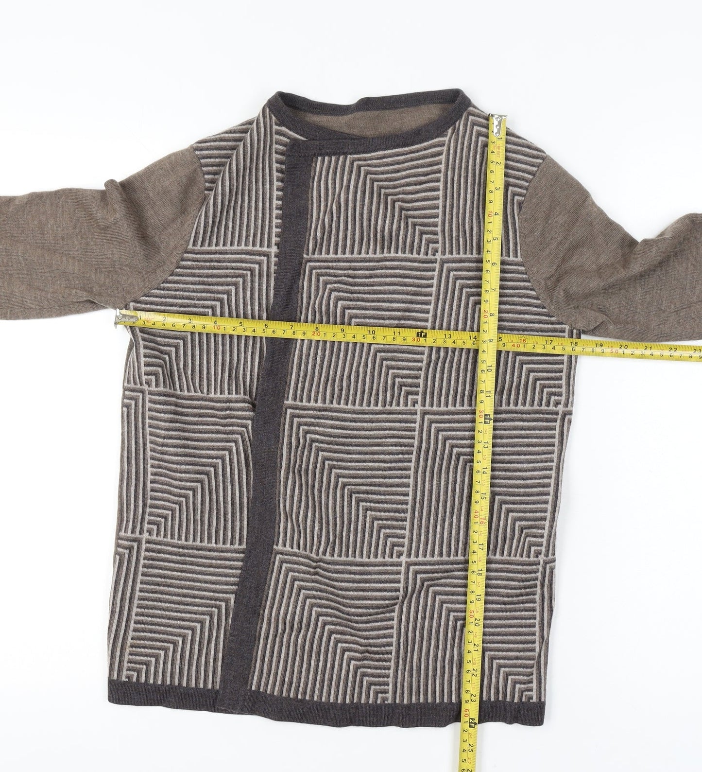 Viyella Women Small Brown 100% Merino Wool Geometric Open Cardigan