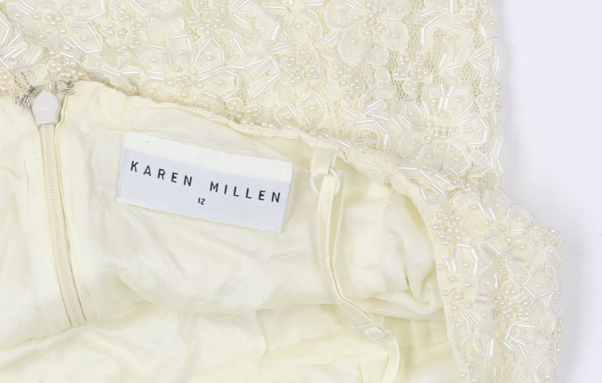 Karen Millen Women Vintage Ivory UK 12 Beaded Lace A-Line Party Mini Dress