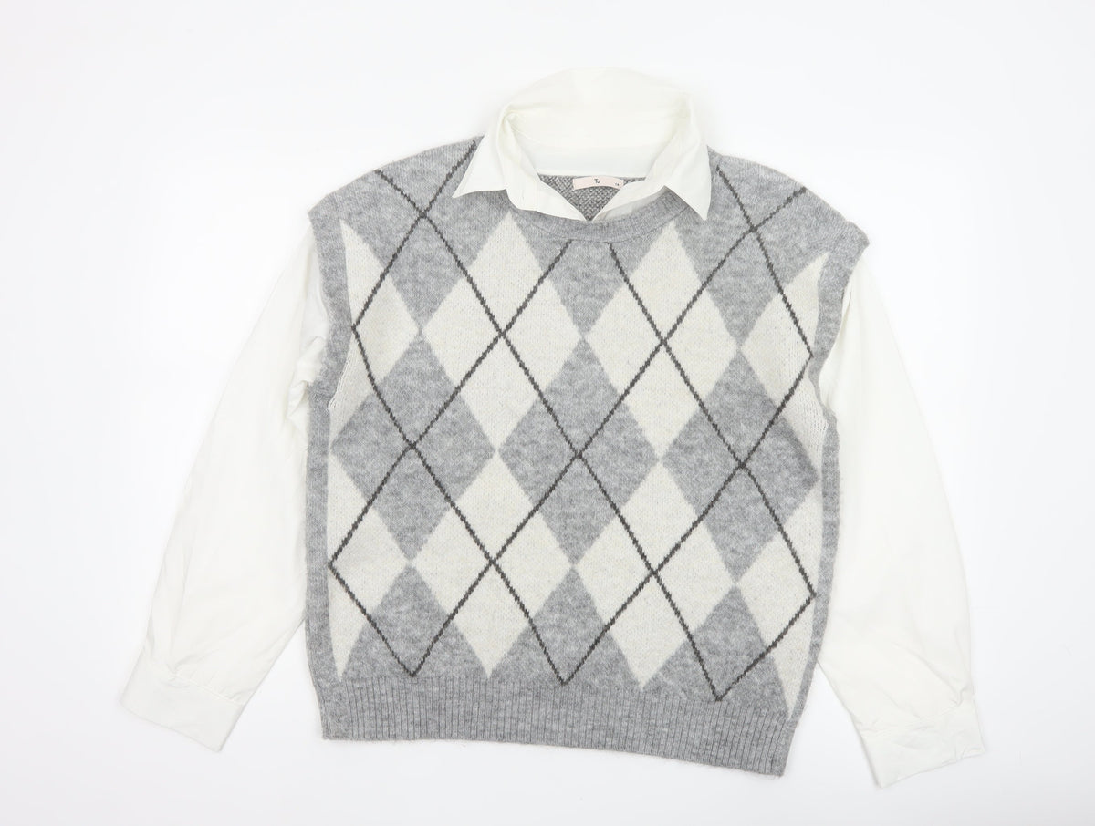 Tu Women Grey Argyle Collared Long Sleeve Jumper Size 14