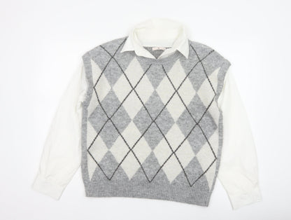 Tu Women Grey Argyle Collared Long Sleeve Jumper Size 14