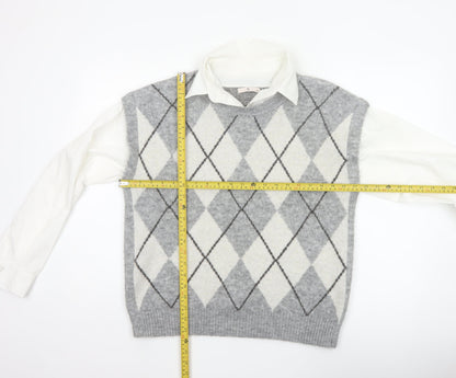Tu Women Grey Argyle Collared Long Sleeve Jumper Size 14