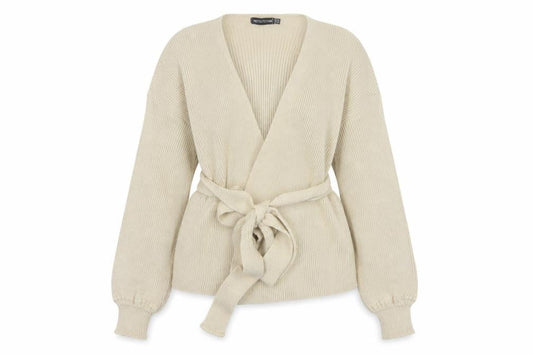 PrettyLittleThing Women Ivory UK 12 Belted Knit Wrap Cardigan