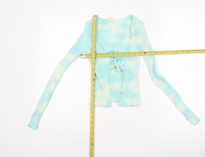 Urban Outfitters Women Blue S Petite Ribbed Lace-Up Cardigan