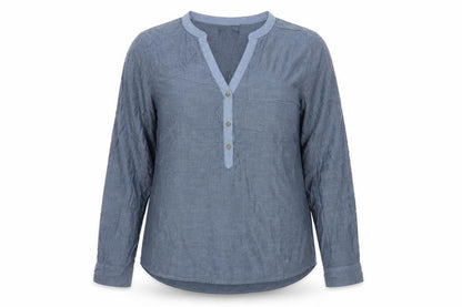 Gap Women Blue Cotton Chambray V-Neck Button Blouse Size M