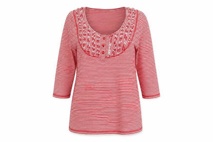 Warehouse Women Red Striped UK 14 Basic Ruffle Cotton 3/4 Sleeve Top