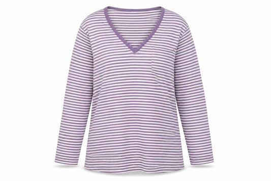Cotton Traders Women Purple White Stripe V-Neck Cotton Top Size 12