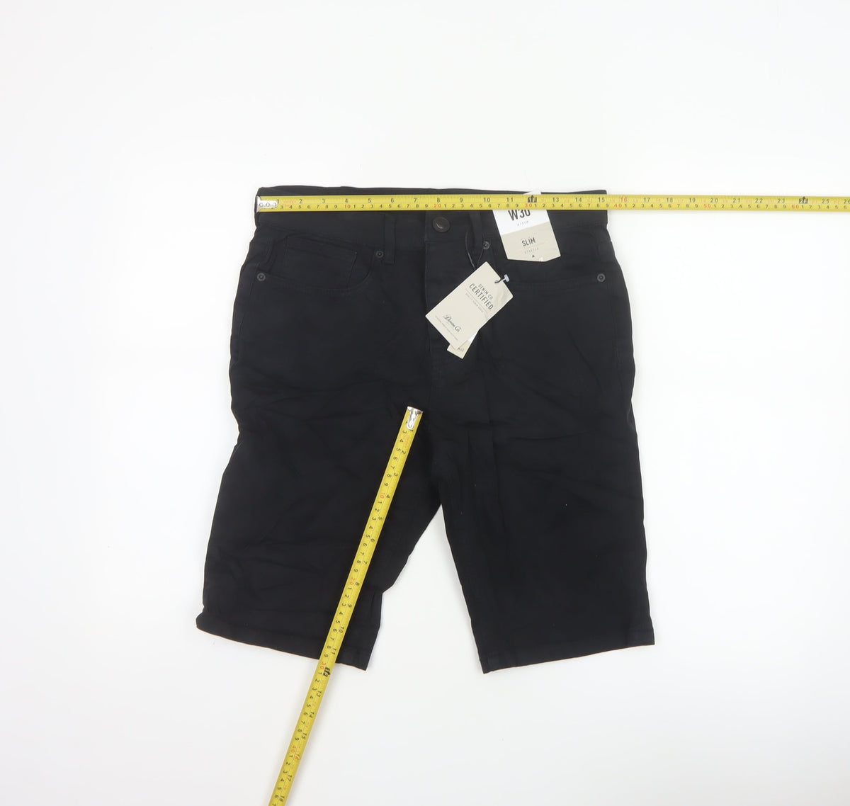 Close-up detail of Denim Co. Men’s Black W30 Slim Stretch Denim 5-Pocket Shorts