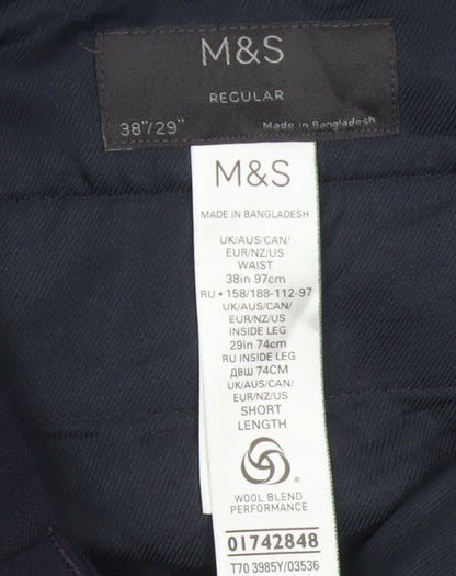 Marks & Spencer Men Blue 38in Wool Blend Dress Trousers 29in Leg