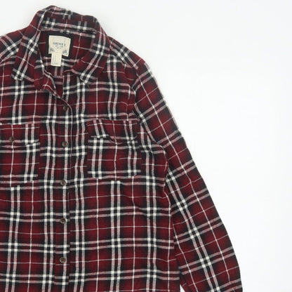 Forever 21 Women Red Plaid Button-Up Shirt UK 12 Long Sleeve Flannel