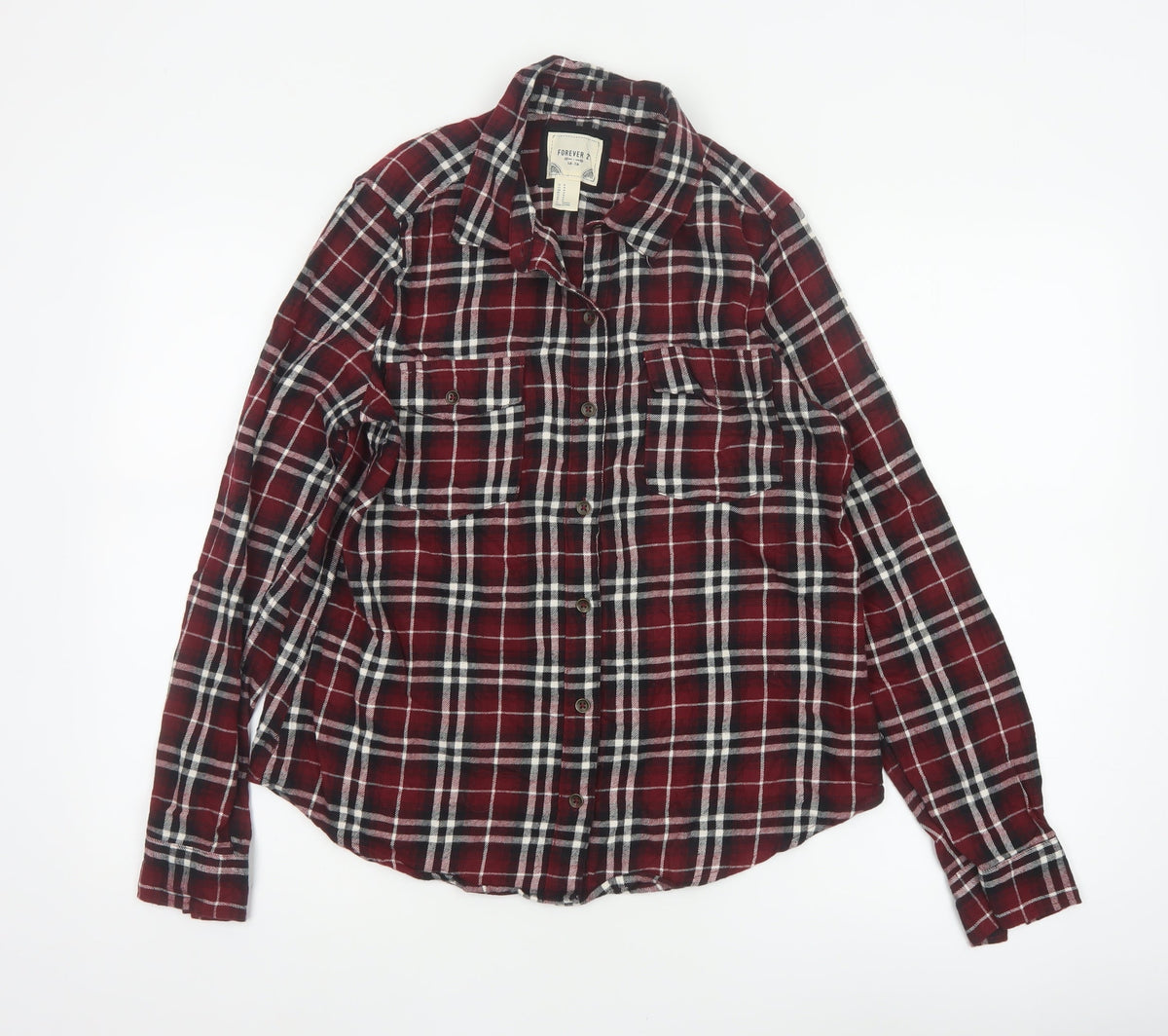 Forever 21 Women Red Plaid Button-Up Shirt UK 12 Long Sleeve Flannel