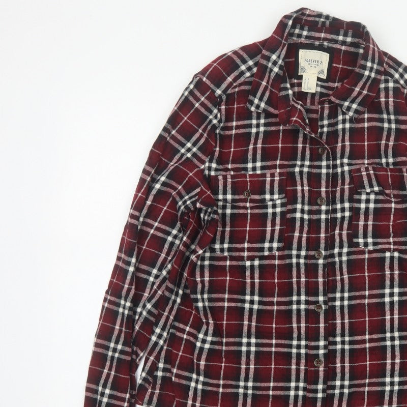 Forever 21 Women Red Plaid Button-Up Shirt UK 12 Long Sleeve Flannel