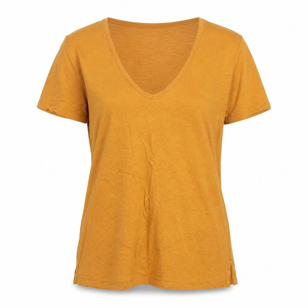 FatFace Women Yellow Linen V-Neck Short Sleeve T-Shirt UK 8