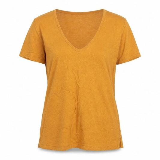 Fat Face Women Yellow Linen V-Neck Short Sleeve T-Shirt UK 8
