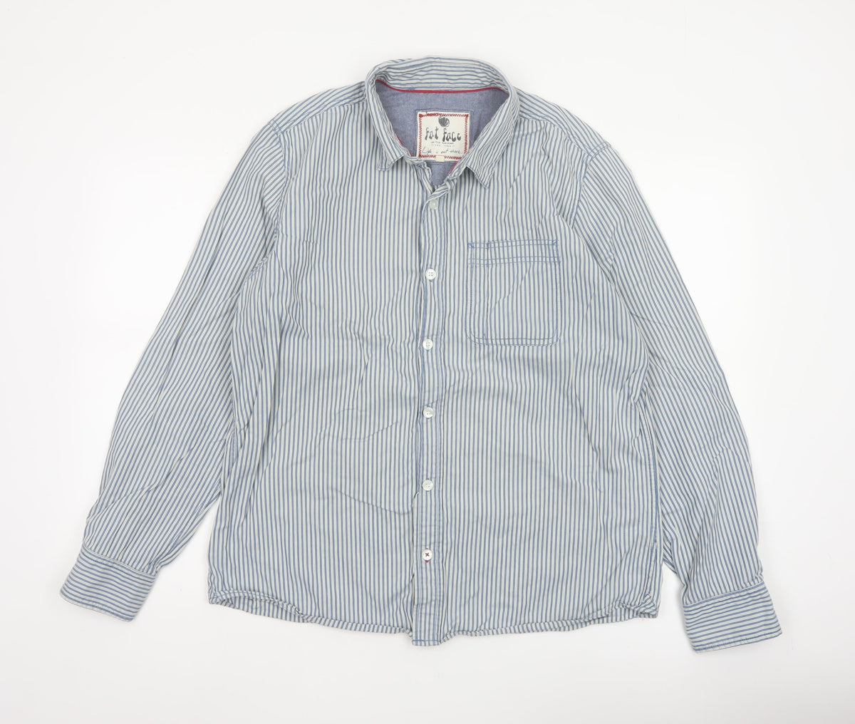 Fat Face Men's Blue White Striped L Long Sleeve Button-Up Shirt