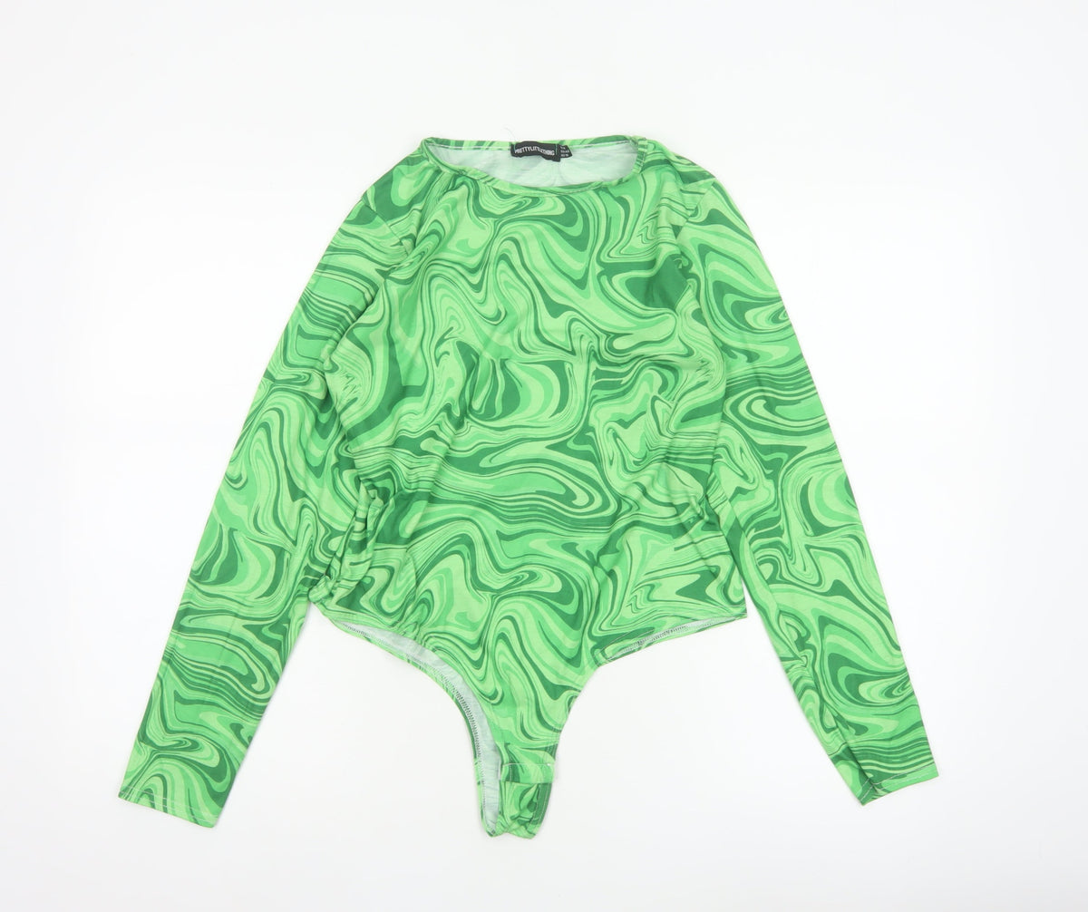 PRETTYLITTLETHING Women Green UK 14 70s Swirl Long Sleeve Bodysuit