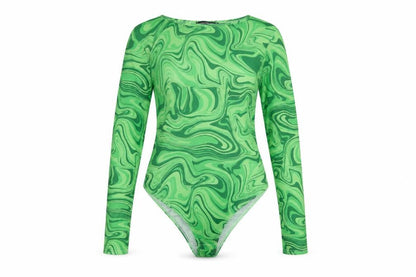 PRETTYLITTLETHING Women Green UK 14 70s Swirl Long Sleeve Bodysuit