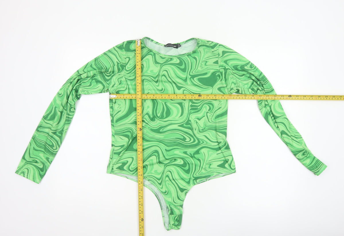 PRETTYLITTLETHING Women Green UK 14 70s Swirl Long Sleeve Bodysuit